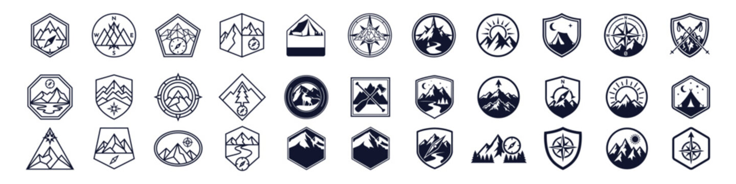 Modern black vector badge collection showcasing mountains, forests, outdoor wildlife, camping adventures, hiking, and compass navigation.