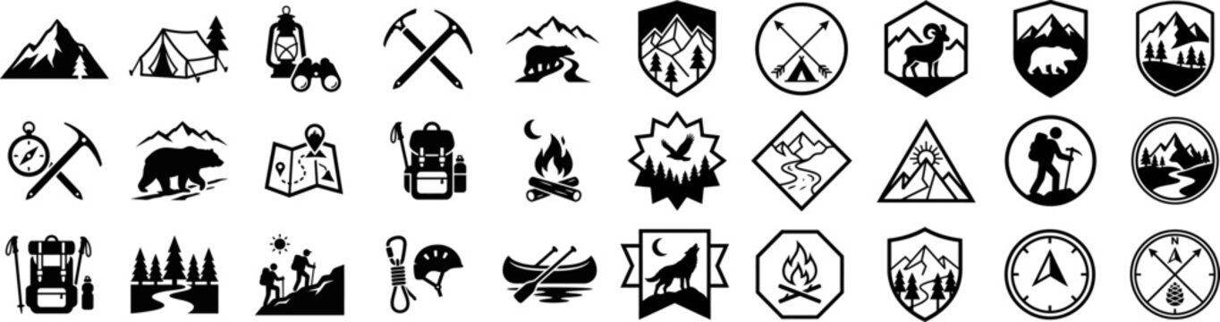 Mountain inspired logo badges featuring camping, forest, wildlife, compass, and outdoor adventure elements.