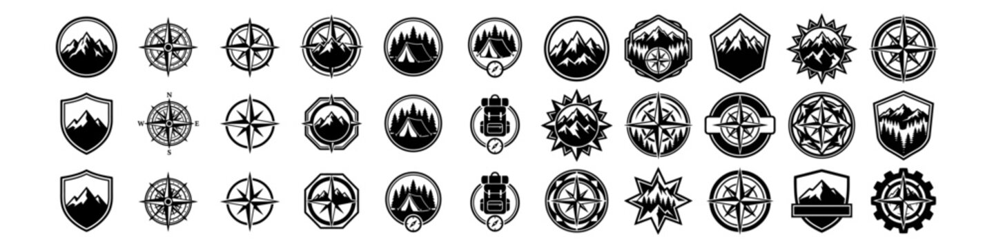 Black outdoor logo badges showcasing mountains, forests, camping, hiking, wildlife, and compass elements. Vector collection.