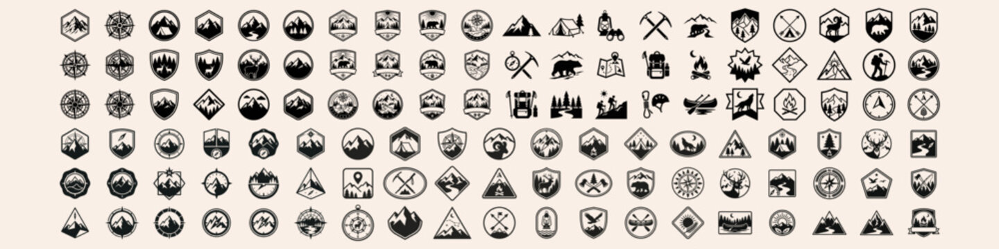Collection of wilderness logo badges with mountains, forests, compass, hiking trails, and camping icons.