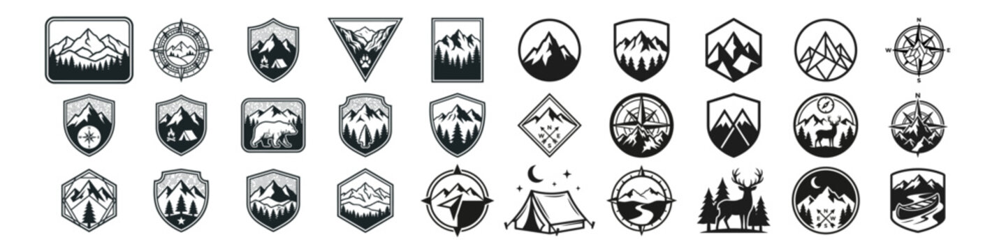 Collection of rustic outdoor badge logos featuring forests, mountains, wildlife, camping, and exploration themes.