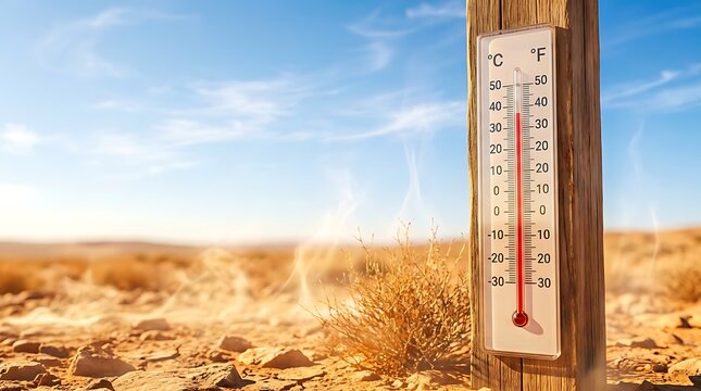 Extreme heat wave concept with thermometer in parched desert