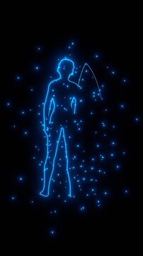 Young woman posing with surfboard. Neon glowing with energy and particles.