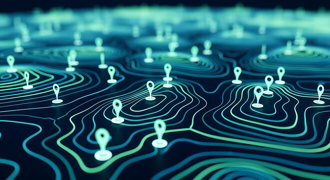 Digital topographical map data visualization with location markers topography visualization location navigation technology abstract landscape geometry connection geography tracking