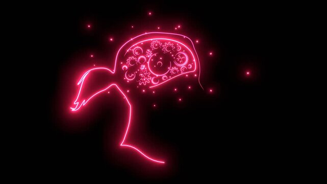 Female head with gear wheels inside. Productivity, effectiveness concept. Intelligence and knowledge development with brain performance. Gears as thoughts glowing with energy and particles.