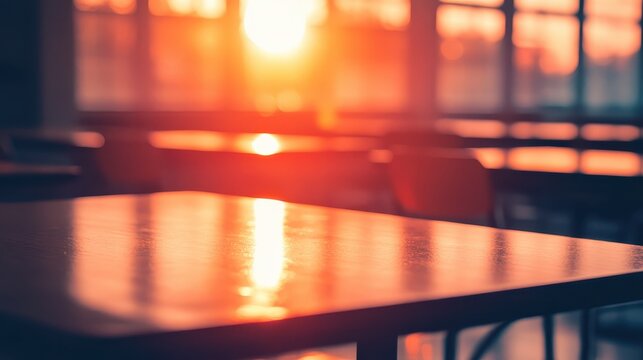 Warm sunset glow reflecting on a table in a modern indoor setting with blurred background