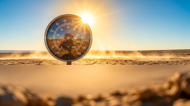 Thermometer in Dry Desert Landscape Showing Extreme Heat Wave