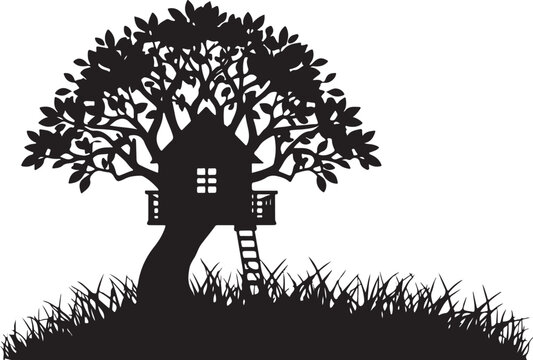 Treehouse silhouette, black tree with house and ladder