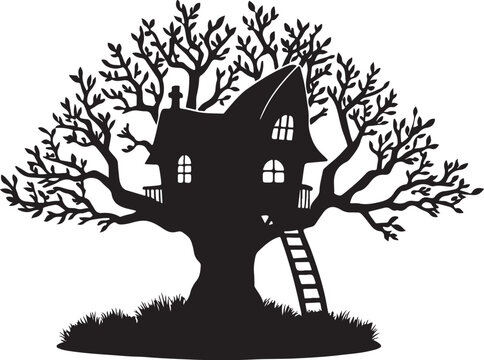 Treehouse in a bare tree with ladder, silhouette black