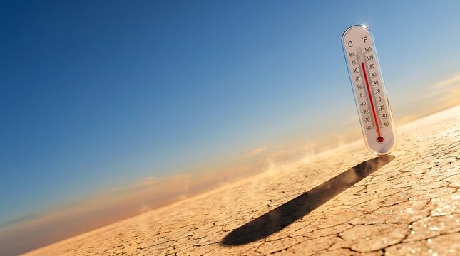 Thermometer on Cracked Dry Ground Representing Extreme Heat Wave