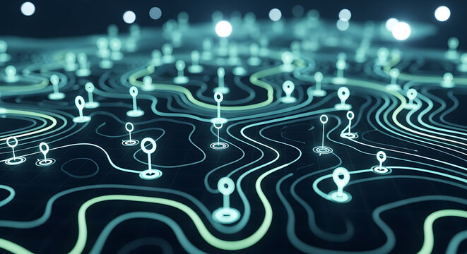 Digital map data visualization with glowing location markers and topographical lines visualization location technology navigation abstract connection topology statistics analysis information