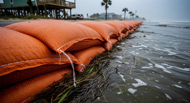 Orange sandbags for flood protection on beach, coastal erosion barrier during storm, emergency flood defense wall against rising sea levels