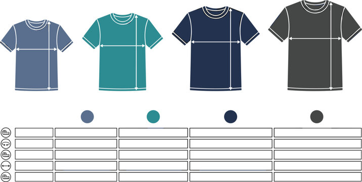 Tshirt size chart vector template with measurement lines including blank layout table mockup and colorful fashion apparel icons isolated on white background
