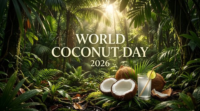 World Coconut Day 2026 poster with tropical jungle and coconut drink