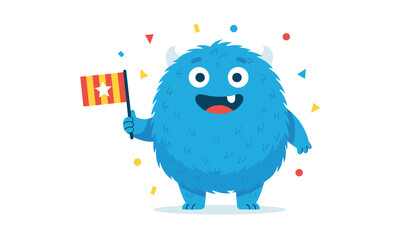Obraz premium Cute smiling blue furry monster holds a small red and yellow striped flag with a star amid festive confetti.