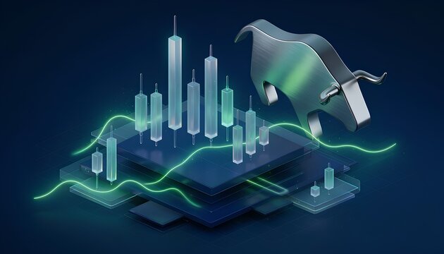 3D isometric abstract landscape of an algorithmic stock market trading platform featuring floating glass candlestick charts, glowing neon green trend lines, and a brushed titanium bull icon