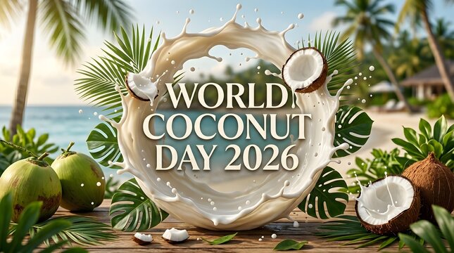 World Coconut Day 2026 poster with milk splash and coconuts