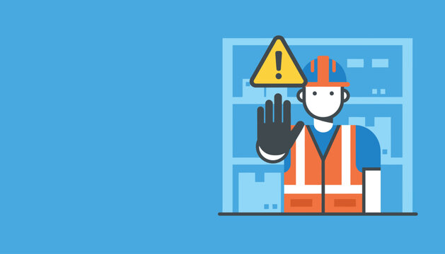 Construction worker in safety vest and hard hat showing stop hand gesture with warning sign in warehouse background