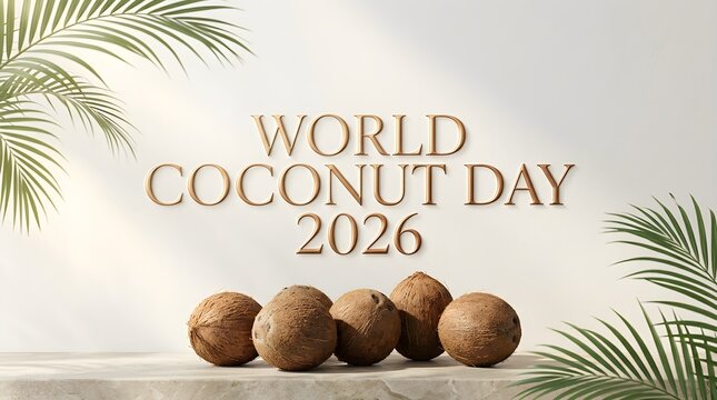 World Coconut Day 2026 flat lay with coconuts and palm leaves