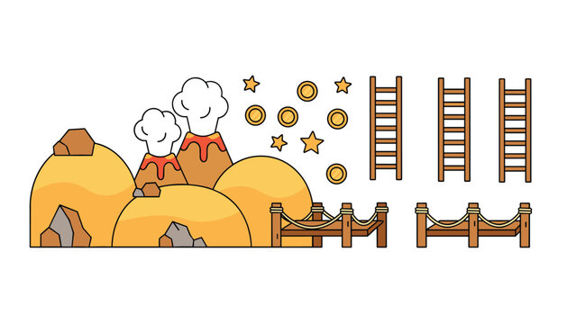 Collection of 2D side-scroller video game assets featuring desert hills, smoking volcanoes, coins, stars, bridges, and ladders.
