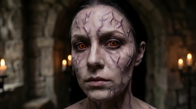 Close up portrait of woman with demonic cracked skin.
