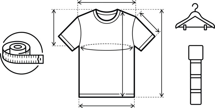 Tshirt size chart line icon vector template with measurement arrows measuring tape hanger indicator elements isolated on white background web design