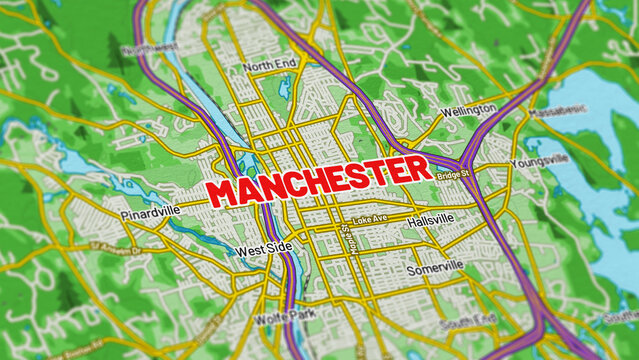Macro View of Manchester New Hampshire Map Showing Detailed Streets, Roads, and Geographic Layout