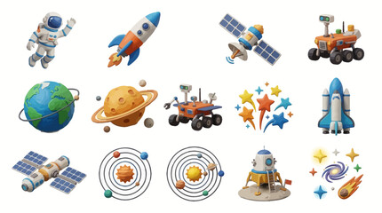 Collection of 3D space and astronomy icons featuring rockets planets astronauts and satellites. © Kaff