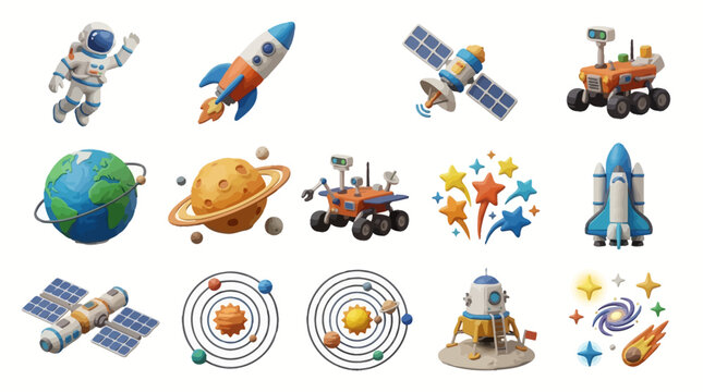 Collection of 3D space and astronomy icons featuring rockets planets astronauts and satellites.