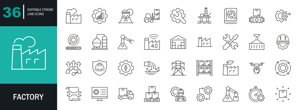 Factory icon set. Contain icons related to factory, plants, industrial, manufacturing, production, energy, and more. Editable stroke. Vector illustration