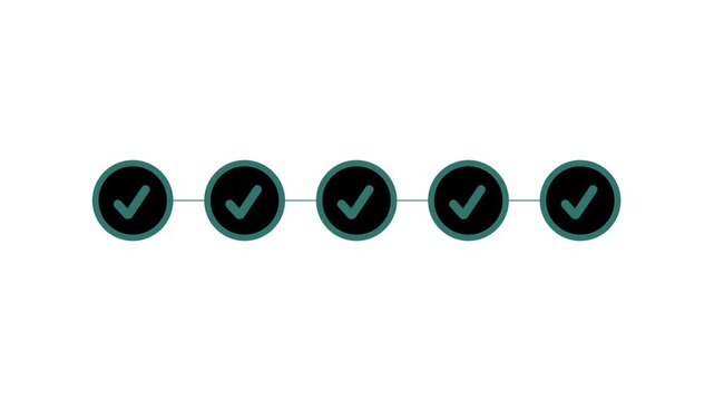Four dark teal circles with green checkmarks arranged horizontally on a white background with a connecting line and a small circle at the end representing a completed checklist or progress