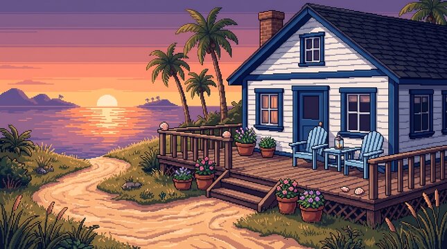 Charming pixel art beach cottage with wooden deck and sunset view isolated on white background