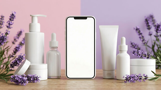 Blank White Skincare Cosmetic Packaging Mockup With Smartphone Screen And Lavender Display
