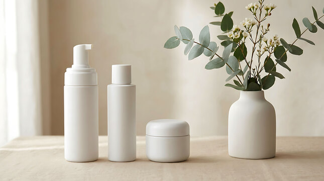 Minimal Blank Skincare Cosmetic Packaging Mockup With Elegant Botanical Vase Display