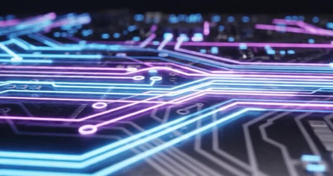 Futuristic neon circuit board with glowing blue and purple data pathways transmitting digital information