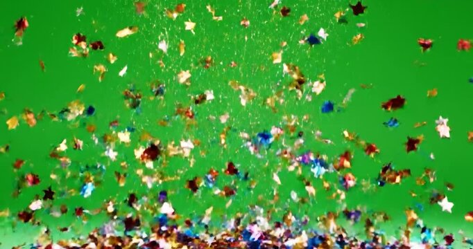 Multicolored metallic confetti falling against a solid green background