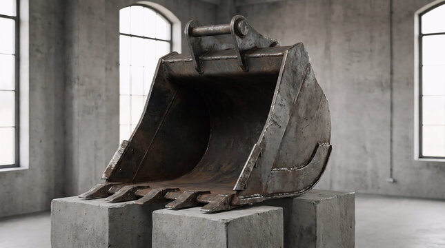 A close-up studio shot of a heavy-duty industrial escavator bucket resting on concrete blocks in a minimalist warehouse setting with natural side lighting