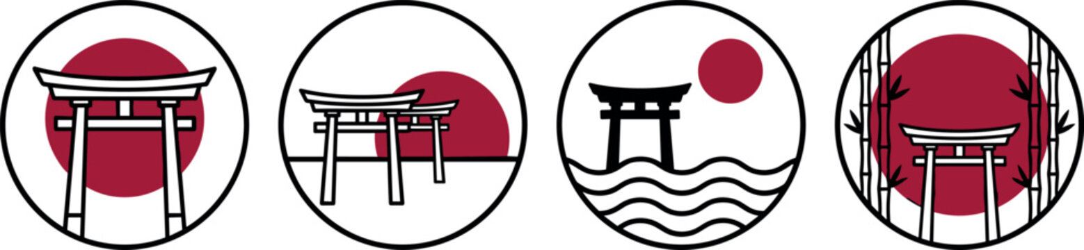 Japanese Torii Gate Round Badge Set with Red Rising Sun and Bamboo Elements for Asia Tourism Logo Designs
