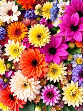 Vibrant floral arrangement with interlocking blocks of blooms, bohemian style, jacobean pattern