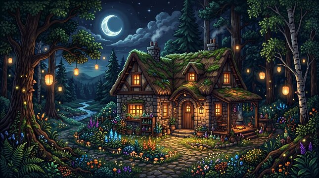 Enchanted stone cottage nestled deep within a magical forest under a glowing crescent moon on white background