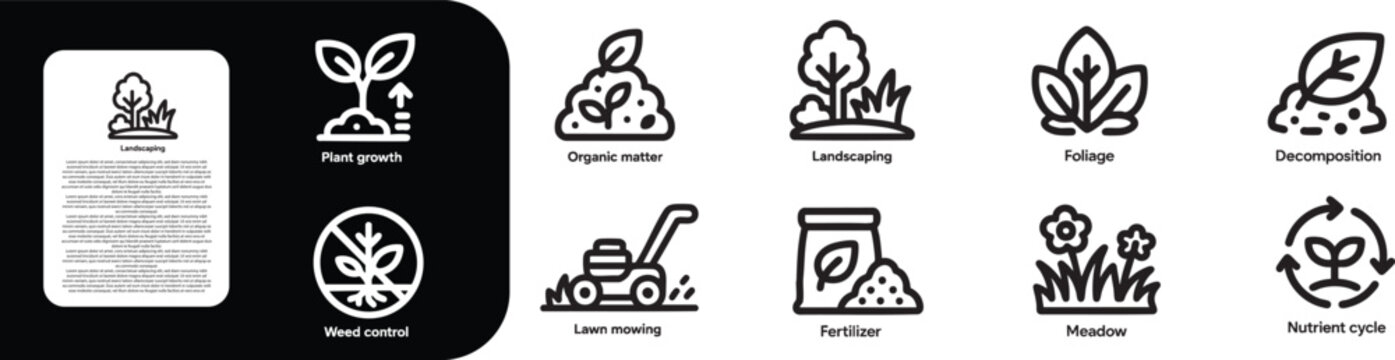Gardening and Nature Icons Set, lant growth, Organic matter, Landscaping, Weed control Basis, Lawn mowing loopexdigital, Foliage , Decomposition Research, Gate, Nutrient cycle ,Fertilizer ,Meadow