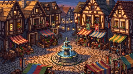 Obraz premium Detailed pixel art scene featuring a quaint medieval village market square fountain on white background