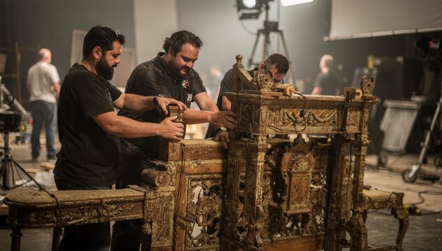 Medium shot of set builders positioning large period props inside a soundstage focused on precise assembly with dimmed background blurring crew activity and lighting rigs.