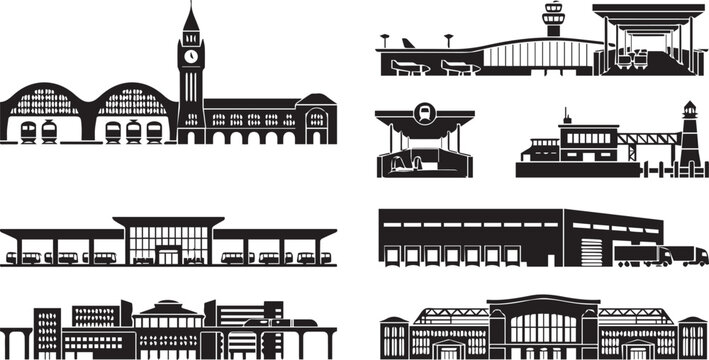 Public Building and Transportation Terminal Black Glyph Icon Set for Urban Infrastructure Design