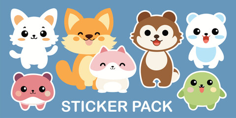 Cute animal sticker pack featuring flat vector characters of fox cat bear and panda on blue background © Sadhin07