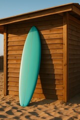 Turquoise surfboard leaning against wooden beach hut on sand © Tharshan