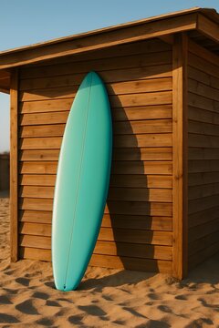 Turquoise surfboard leaning against wooden beach hut on sand