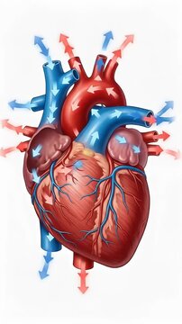 Anatomical illustration of the human heart with blood flow direction