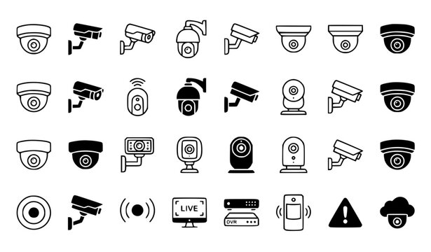 Security Cameras Vector Icon Set Outline and Silhouette Surveillance Collection