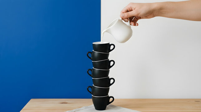 Pouring milk into a balanced stack of cups